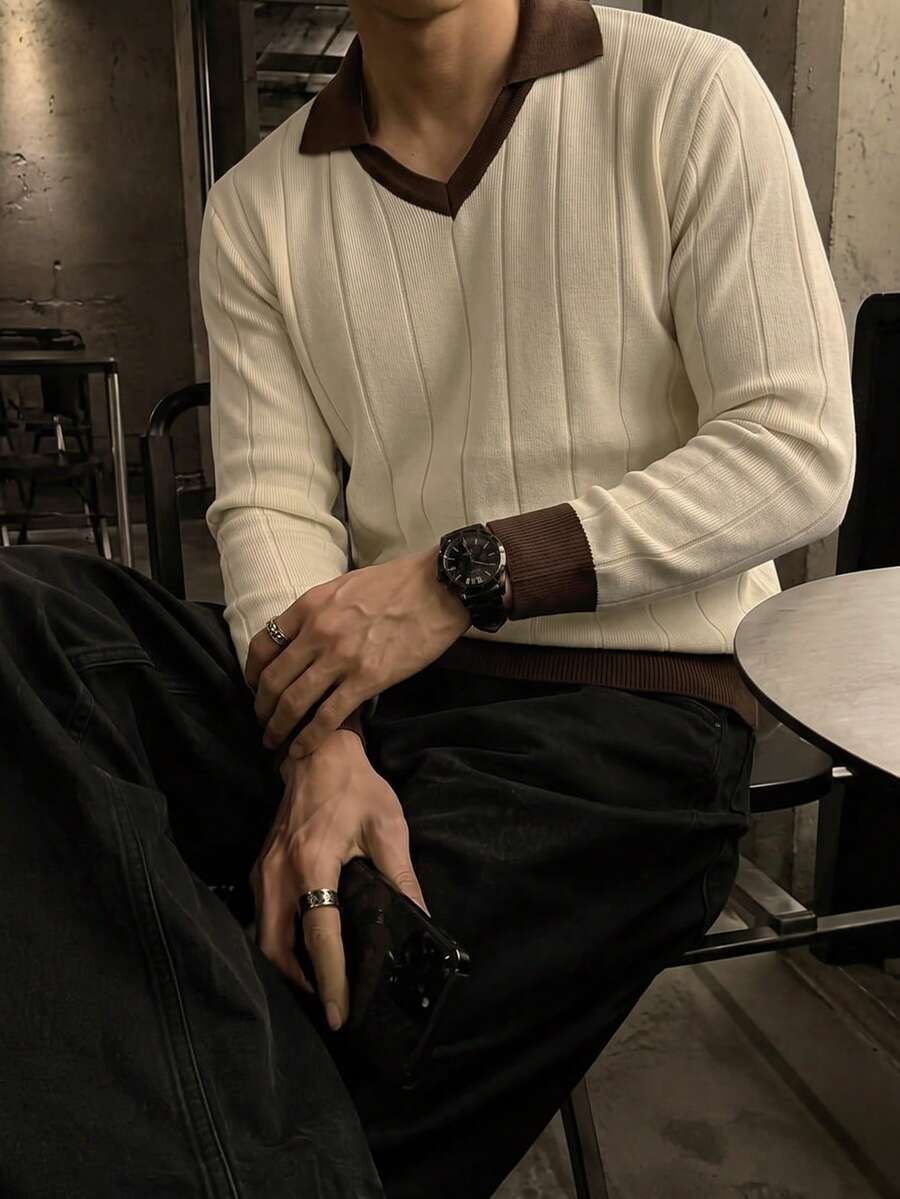 WAIT HIM 男士秋冬拼接配色POLO領長袖寬鬆休閒毛衣