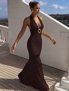 Perirose Women's Brown Elegant Halter Neck Backless Deep V-Neck Ring Detail Fitted Maxi Dress, Suitable For Summer Autumn Vacation, Wedding Guest, Cocktail Party, Nightclub Gathering - Brown - View 6