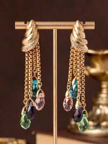 1 Pasang Anting Rantai Panjang Berlapis Kristal Kaca Warna-warni, Desain Unik, Cocok untuk Pesta, Hadiah untuk Wanita - Cantik Sekali - View 6