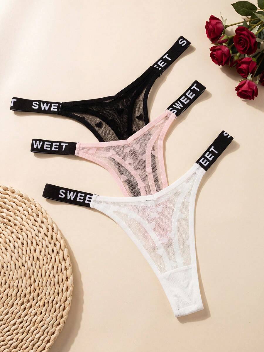 3pcs/Set Sexy Lace Women's Panties, Heart Print, Semi-Transparent Soft Comfortable Thong, Sexy Lingerie Set - Multicolor - View 1