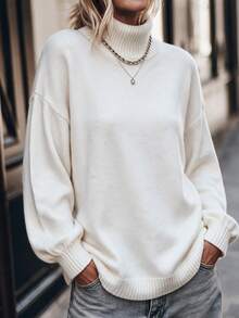 Fall/Winter Casual High Neck Knit Pullover Sweater, Elegant Going Out Business Loose Fit Top - Apricot - View 7