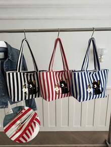 Ladies' Striped Canvas Handbag And Makeup Bag, Cute Casual Style, Floral Kitten Print, Large Capacity Shoulder Bag, Casual Striped Handbag, Work - Multicolor - View 5