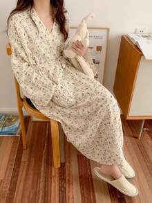 女款休閒兔兔浴袍中長版睡衣可愛卡通睡袍居家服 - 玫瑰紅 - 查看 5