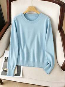 GIGOGOU 大尺碼 1XL-4XL 秋冬基礎款女式針織毛衣上衣 長袖 秋季服飾 - 霧霾藍 - 查看 1