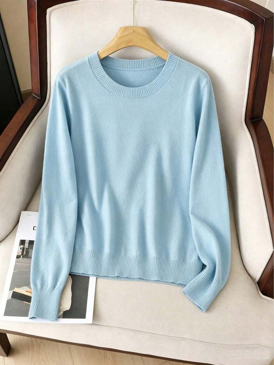 GIGOGOU 大尺碼 1XL-4XL 秋冬基礎款女式針織毛衣上衣 長袖 秋季服飾 - 霧霾藍 - 查看 1