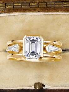 1pc Women's Emerald Cut Cubic Zirconia Ring Set, Suitable For Wedding, Engagement, Anniversary, Party Wear, Valentine's Day Gift, No Packaging Box - Gold - View 2
