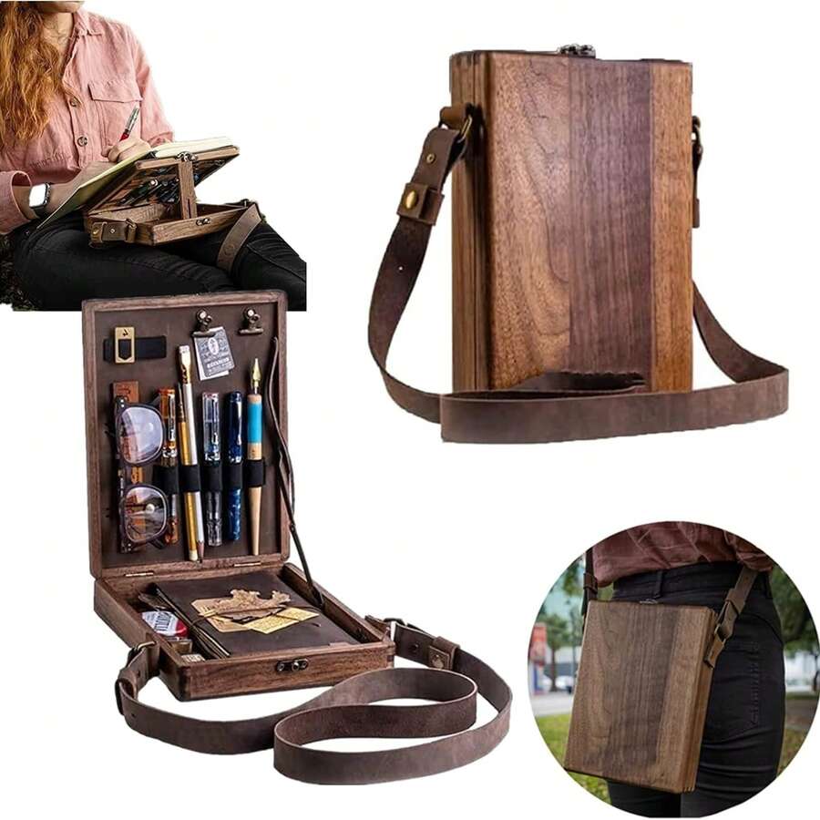 Writer Messenger Wooden Box, Multi-Functional Handmade Wooden Crossbody Messenger Bag, Portable Artist Tool Kit, Painting Brush Storage Sketch Box, Outdoor Painting Easel - Postman Wooden Box - View 1