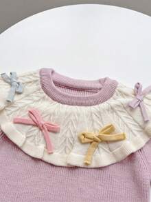 Baby Girl Spring/Autumn Knitted Romper Set, Taro Purple Textured Ribbed Wavy Ruffle Peter Pan Collar Colorful Ribbon Bow Crawler - Lilac Purple - View 6