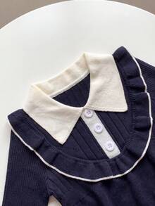 Baby Girl Colorblock Lapel Long Sleeve Patchwork Ruffle Cute Knit Dress - Blue - View 3