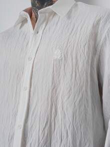 Premium Men Embroidered Detail Textured Button Front Long Sleeve Shirt - White - View 6