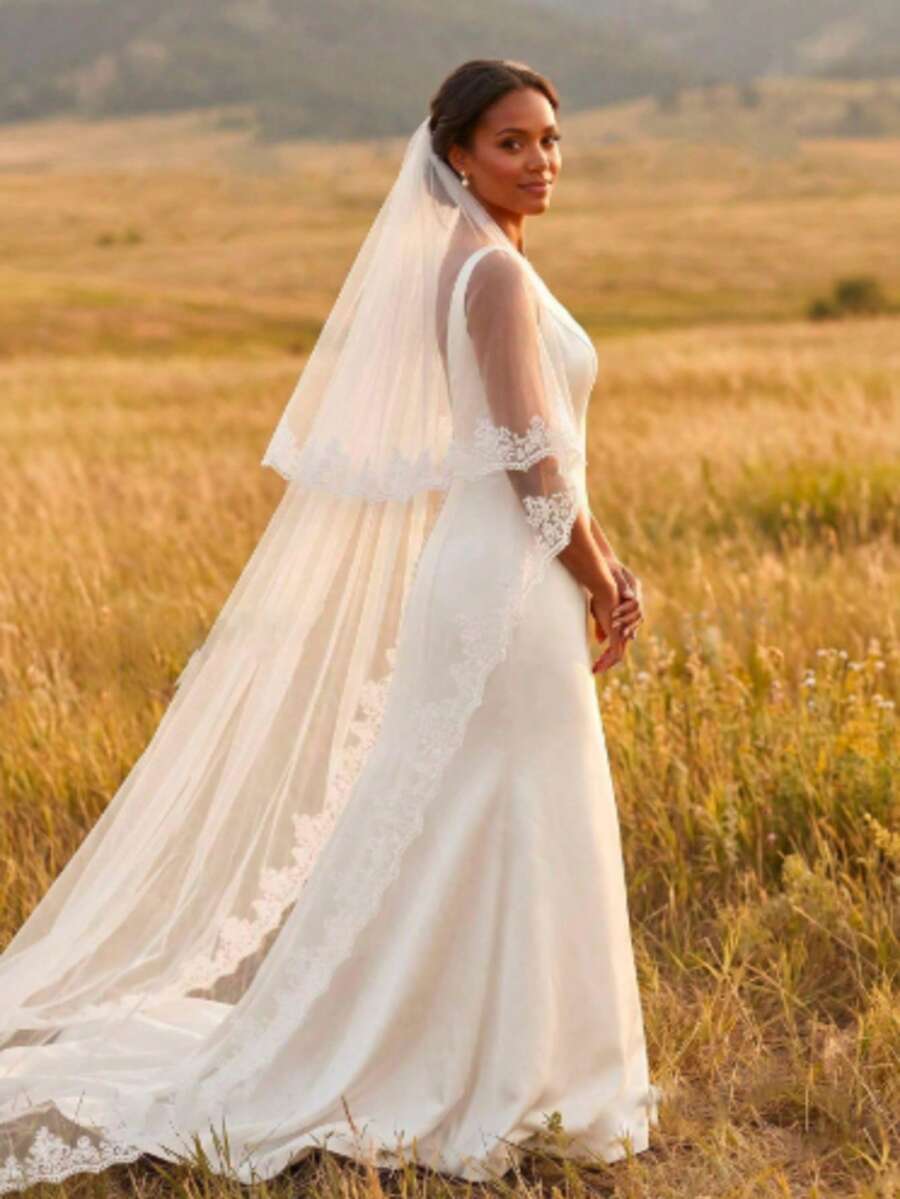 2-Layer Cathedral Length Wedding Veil With Lace Applique Trim And Comb, Bridal Veil - Off White - View 1