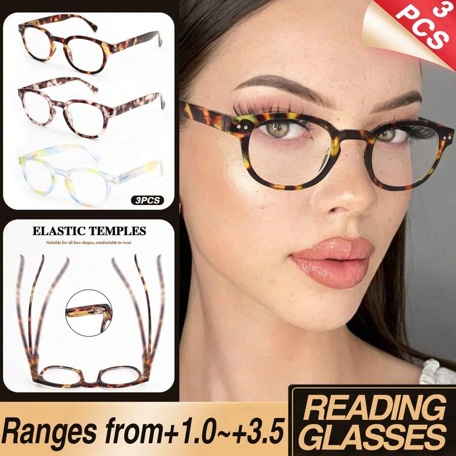 3 piezas de gafas de lectura ovaladas grandes, diseño de marco estampado, con bisagras de resorte de alta calidad, adecuadas para el uso diario de lectura de mujeres - Blanco - Ver 1