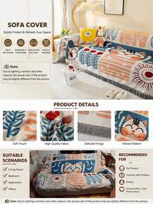 Cat Pattern Reversible Sofa Blanket, Non-Slip Full Coverage Sofa Protector, Lightweight Carpet Mat, Living Room Camping Picnic Tapestry - Multicolor - View 6
