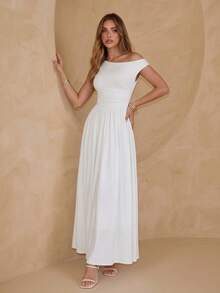PARTHEA Elegant White Off‑Shoulder Maxi Dress, Ruched Waist High Waist A‑Line Flowy Long Dress For Wedding Party - White - View 1