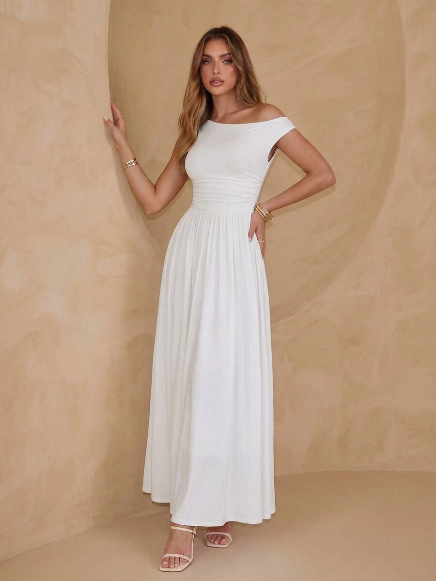 PARTHEA Elegant White Off‑Shoulder Maxi Dress, Ruched Waist High Waist A‑Line Flowy Long Dress For Wedding Party - White - View 1