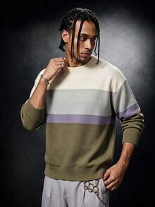 SU ER 1pc Men's Autumn/Winter Casual Striped Knit Sweater - Olive Green - View 4