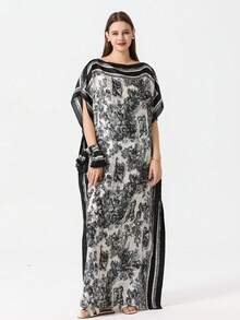 1pc Women's Faux Silk Printed Robe Shawl With Small Scarf Set, Decorative Outerwear For Beach, Sun Protection, Windproof, Daily Wear - S48478-black - View 3