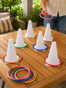 Halloween Pumpkin Cone Ring Toss Game Set, Includes 1 Orange Traffic Cone And Colorful Rings, Suitable For Indoor/Outdoor Halloween Party, Halloween Carnival Decoration And Family Activities - White Plastic Cone - View 5