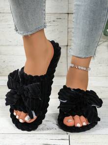 Fashionable New Striped Bow Open Toe Slip-On Slippers, Comfortable House Shoes For Spring, Autumn And Winter - Black - View 3