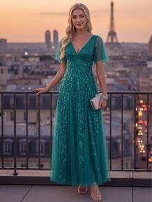 EVERPRETTY Elegant Romantic Luxury Butterfly Sleeve Heavy Embellished Floral Sequin Sparkling Formal Evening Gown Suitable For Dinner Party Wedding Guest Formal Occasions - Teal Blue - View 7