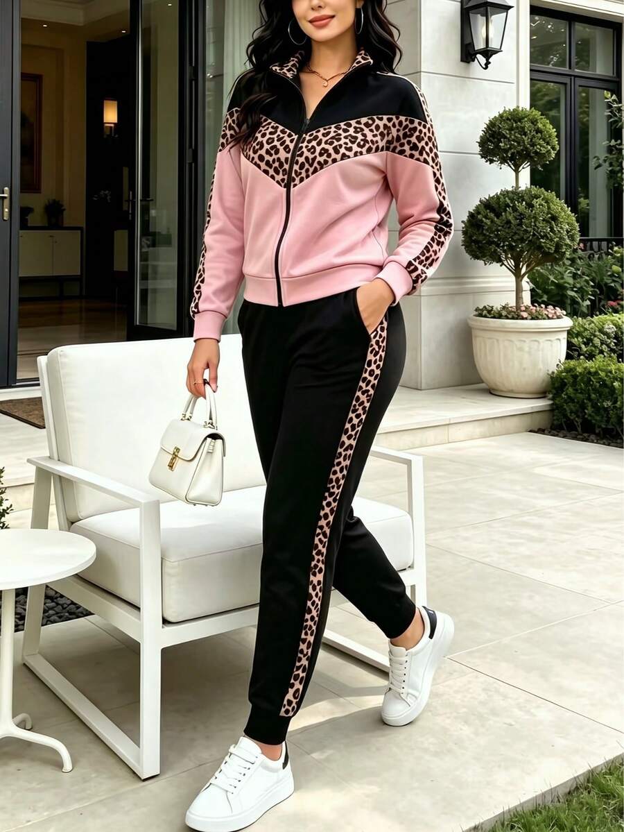 Setelan 2 Potong Atasan Lengan Panjang dan Celana Motif Leopard Blok Warna Terbaru Musim Semi, Gugur, dan Musim Dingin - Merah muda+Hitam - View 1