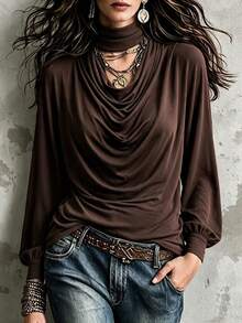 Women's Elegant Long Sleeve Top, Women's Autumn/Winter Clothing Outfit, Knitted Drape Design Loose Top, Halloween Thanksgiving Back To School Outfit, Women's Formal Office Commute Outfit, Sexy Night Outfit - Brown - View 10