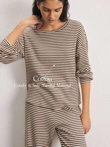 Ocili Striped Print Drop Shoulder Lounge Top PJ Set Sleep Pants - Khaki - View 15