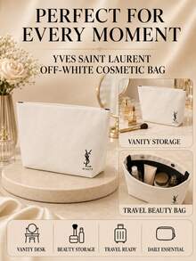 YSL Saint Laurent 黑白帆布化妝包，26.5×15.5cm，耐磨大容量，適用於旅行收納美妝用品 - 米白色 - 查看 8