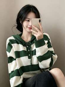 YCYC Sweater Berkerudung Lengan Panjang Bergaris Longgar Gaya Korea Terbaru untuk Wanita - Hijau - View 3