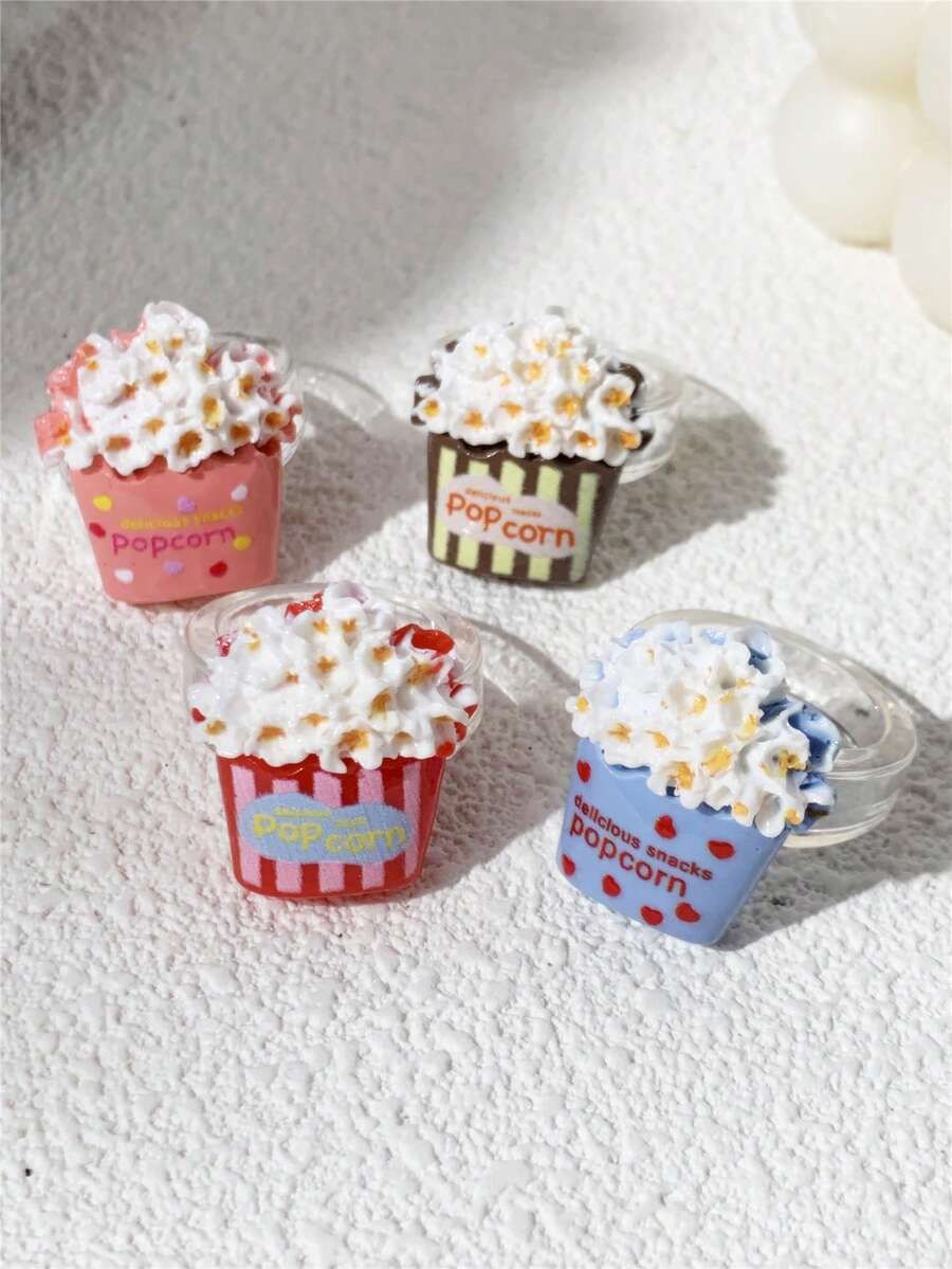 4pcs Cartoon Cute Realistic Colorful Popcorn Bucket Rings, Heart Polka Dot Stripe Elements, Suitable For Wearing During Movies, Friends Party Gatherings, Ideal Gift For Friends. - Multicolor - View 1
