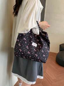 Vintage Fashion Floral Pattern Tote Bag, Korean Style Casual Large Capacity Shoulder Bag, Suitable For Women Travel And Vacation - Black - View 11