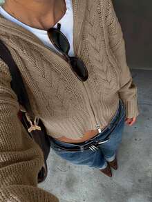 Senya Autumn/Winter New Vintage Oversized Lapel Double Zipper Cable Knit Cardigan, Loose Drop Shoulder Casual Short Commuter Sweater Fall - Camel - View 4