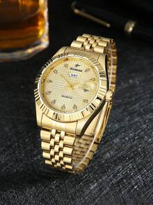 RICECGO A Men's Business Watch With A Checkered Dial And Dual Date Windows, Suitable For Everyday And Business Wear, Exuding A Sophisticated, Elegant Vibe. - Gold - View 5