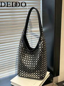 Dedoo Black V-Shaped Double-Sided Studded Bucket Bag, Punk Style Heavy-Duty Rivet Embellished Underarm Shoulder Bag, Suitable For Work Commute And Shopping - Black - View 5