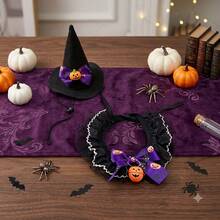 1set-Pet Halloween Witch Hat & Lace Collar Set, Adjustable Comfort Fit, Pumpkin Bell Design, For Halloween Party, Trick-Or-Treat & Cute Photos, Cat Dog Costume Accessory. - Multicolor - View 7