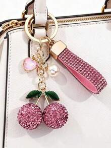 1pc/Set Exquisite Luxury Full Rhinestone Cherry Pearl Heart Keychain, Fashionable Elegant Cherry Keychain Light Luxury Niche Rhinestone Car Keychain Bag Decoration Accessory, High-End Metal Keychain Accessory, Girls' Favorite Gift - Multicolor - View 4