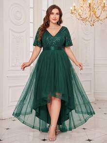 XUCTHHC Plus Size Elegant Party V-Neck Ruffle Sleeve Sequin High-Low Hem Mesh Skirt Formal Ball Gown, Wedding Guest, Cocktail Party, Holiday, Autumn/Winter - Dark Green - View 9