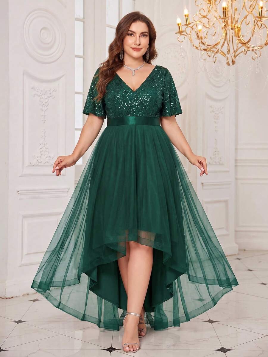 XUCTHHC Plus Size Elegant Party V-Neck Ruffle Sleeve Sequin High-Low Hem Mesh Skirt Formal Ball Gown, Wedding Guest, Cocktail Party, Holiday, Autumn/Winter - Dark Green - View 1