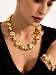 2pcs/Set Fashionable High-End Asymmetrical 3D Square Necklace & Bracelet Set, Women's Jewelry Set For Banquet, Party, Dance, Daily Commute, Versatile - Yellow Gold - View 2