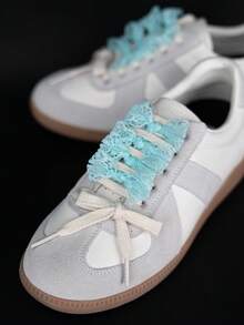 2 Pairs 8mm Solid Color Textured Flat Shoelaces + 3cm Lace Decorative Shoelaces, Unisex Decorative Sports Shoelace Combo Set, Flat Shoelaces For Running And Casual Shoes Replacement, DIY Mix And Match Set - 4699 Beige + CZ Lace Trim - Light Blue - View 3
