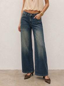 Women Mid‑Rise Vintage Faded Wide Leg Jeans, Dark Blue Washed Loose Floor‑Length Denim Trousers, Retro Street Style For Holiday Casual Daily Outfits - Blue - View 5