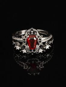 2pcs Gothic White Gold Plated Red Cubic Zirconia Open Ring Set, Gothic Style Combined With Dark Elements, Unisex Suitable For Halloween, Easter And Matching Gothic Style Clothing - Silver - View 3