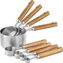 Measuring Cup And Spoon Set, Stainless Steel Measuring Cup And Spoon Set, Baking Measuring Spoon, Wooden Handle Measuring Tool, Coffee Spoon, Seasoning Spoon, Powder Spoon, Suitable For Cooking And Baking, Dry And Liquid Use - Silver - View 1