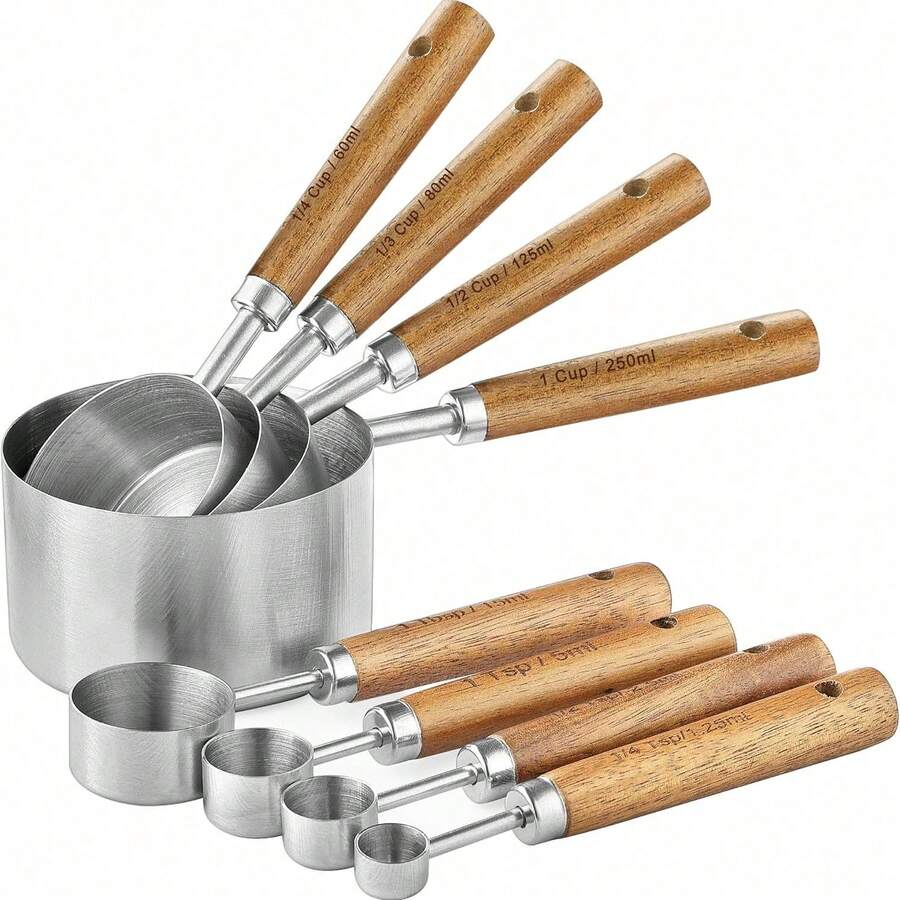 Measuring Cup And Spoon Set, Stainless Steel Measuring Cup And Spoon Set, Baking Measuring Spoon, Wooden Handle Measuring Tool, Coffee Spoon, Seasoning Spoon, Powder Spoon, Suitable For Cooking And Baking, Dry And Liquid Use - Silver - View 1