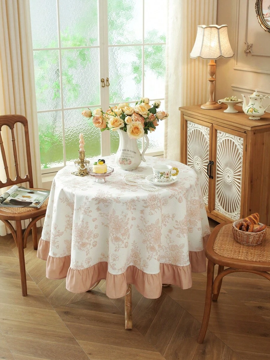 1pc American Vintage Pastoral Style Round Polyester Cotton Tablecloth, Pleated Ruffle Edge, Suitable For Outdoor Dining Table, Camping Picnic, Farmhouse Daily Decor, Home Tablecloth Decoration Fabric - Apricot - View 1