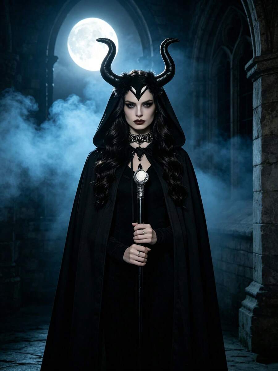 Women's Halloween Witch Cosplay Costume Set, Black Hooded Cape, Devil Horn Headband, Gothic Choker And Magic Wand, Suitable For Costume Party Theme Events - Multicolor - View 1