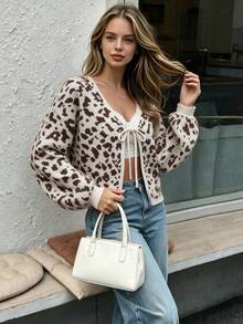 Women Autumn Leopard Print Knit Cardigan V Neck Tie Front Long Sleeve Fall Outfits For Women Casual Tops - Multicolor - View 6