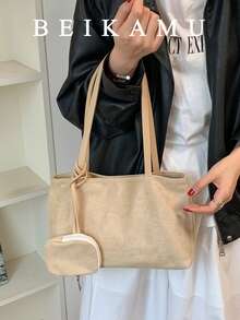 1pc Fashionable Minimalist Solid Color Large Capacity Tote Bag, Suede Versatile Shoulder Bag, Small Bag Attachment Design Underarm Bag, Suitable For University, Commuting, Shopping, Street Shopping, Daily Use - Khaki - View 4