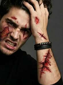 4pcs Red Trauma Scar Temporary Tattoo Stickers, Waterproof Realistic Wound Blood Fake Tattoos, Body Art For Men And Women, Suitable For Halloween, Costume Parties And Pranks - Red - View 5