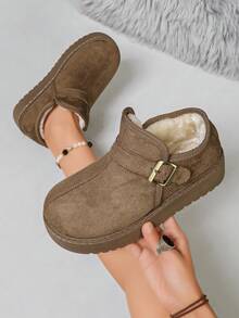 Sepatu Bot Ankle Slip-On Sol Tebal Suede Imitasi Warna Polos untuk Wanita, Sepatu Bot Ankle dengan Tali Tunggal dan Dekorasi Gesper Logam Persegi - Unta - View 7